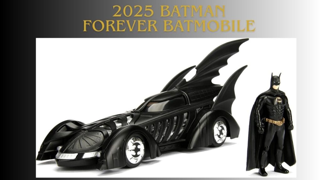 A detailed image of the new Lego Batman Forever Batmobile, showing its unique design from the 1995 film.