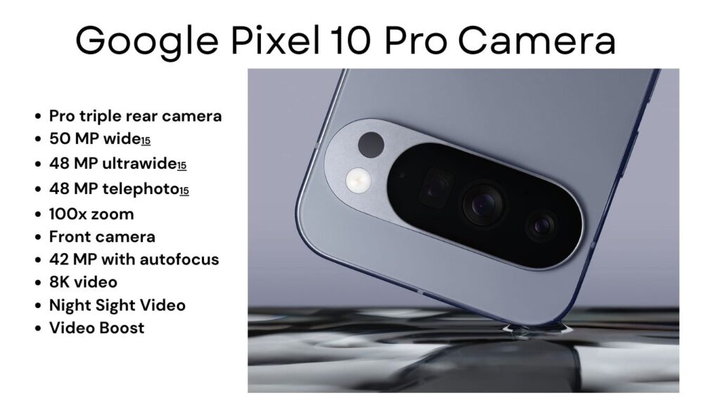 A close-up shot of the Google Pixel 10 Pro's redesigned camera bar, highlighting the new lens layout and matte finish.