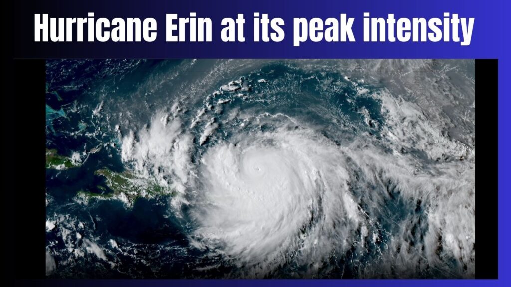 Satellite view of Hurricane Erin 2025 at Category 5 strength, showcasing its massive 650-mile wind field. Source: NOAA NESDIS.