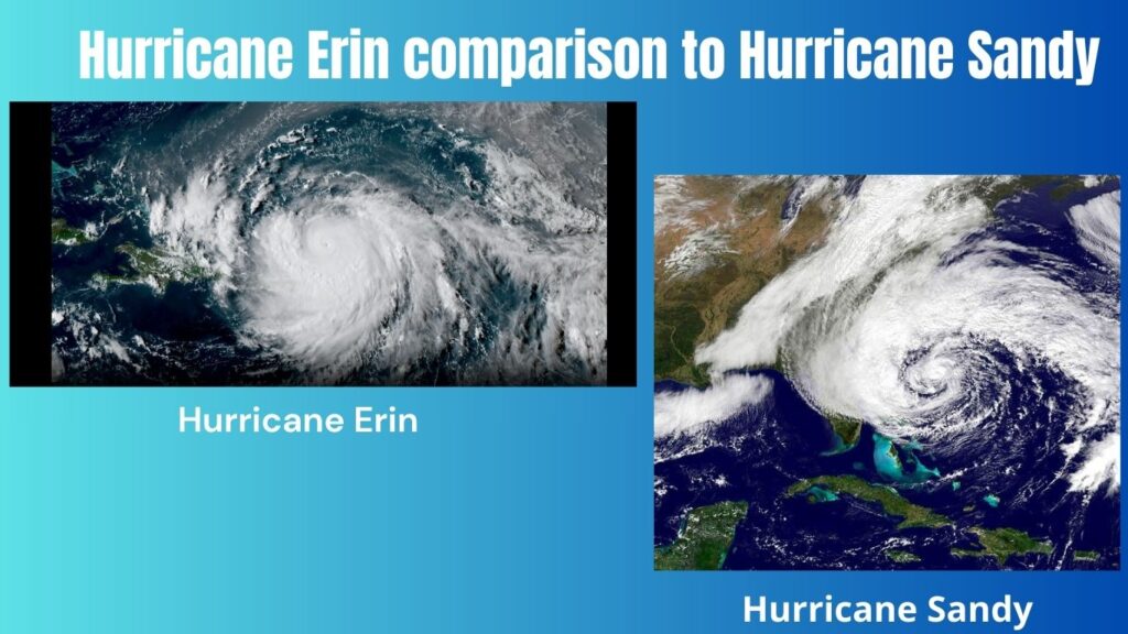 Hurricane Erin’s wind field (650 miles) compared to Hurricane Sandy, illustrating its massive reach. Source: The Washington Post.