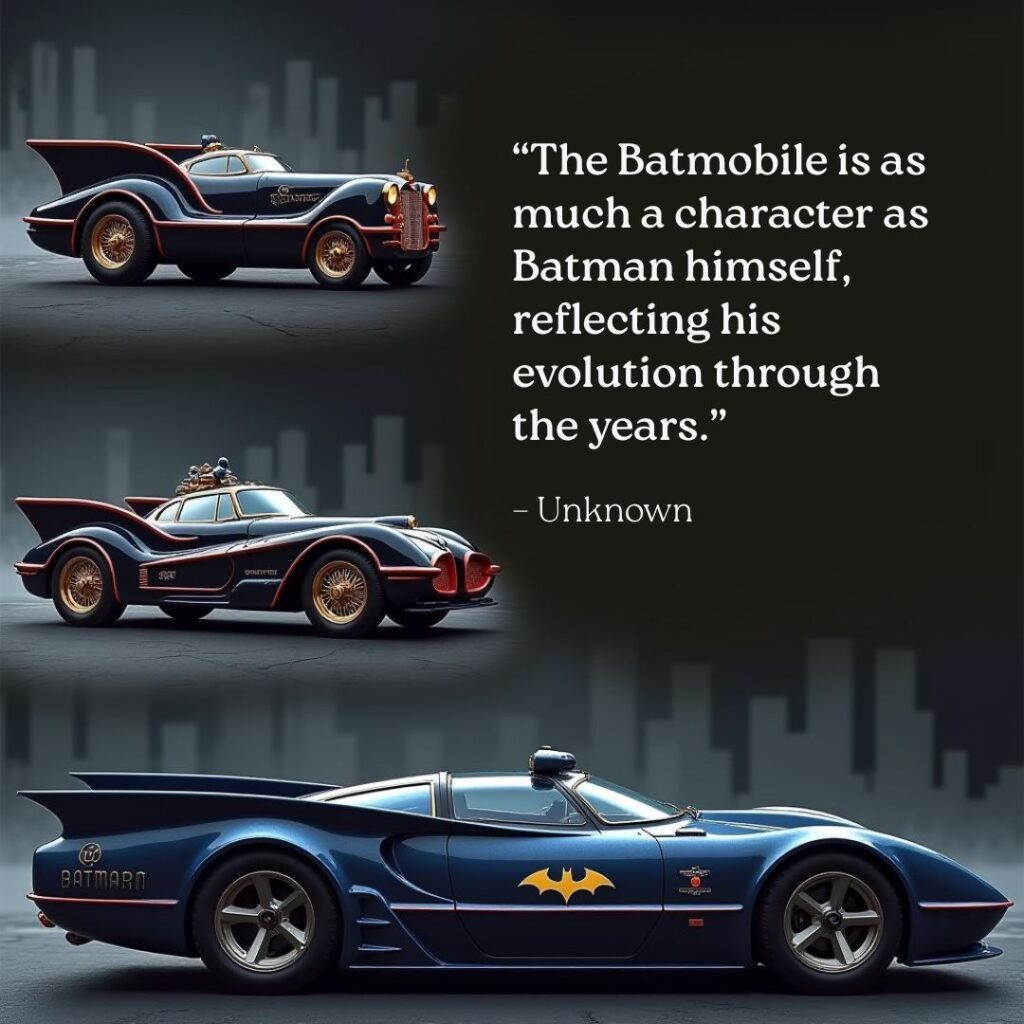  A visual evolution of the Lego Batman Batmobile sets, showing the design changes across different eras of the vehicle.