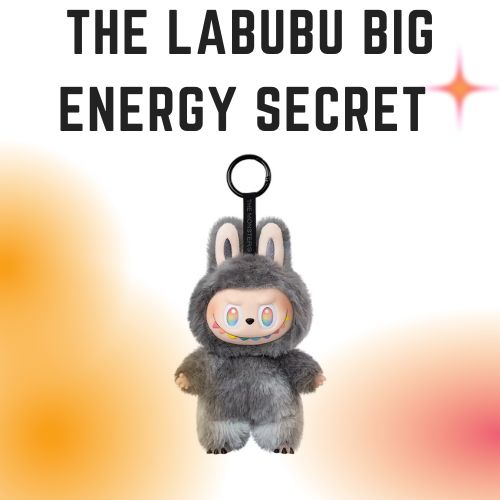 A close-up shot of the rare Pop Mart Labubu 'ID' Secret figure from the Big into Energy series, highlighting its unique grey fur and rainbow-gradient eyes