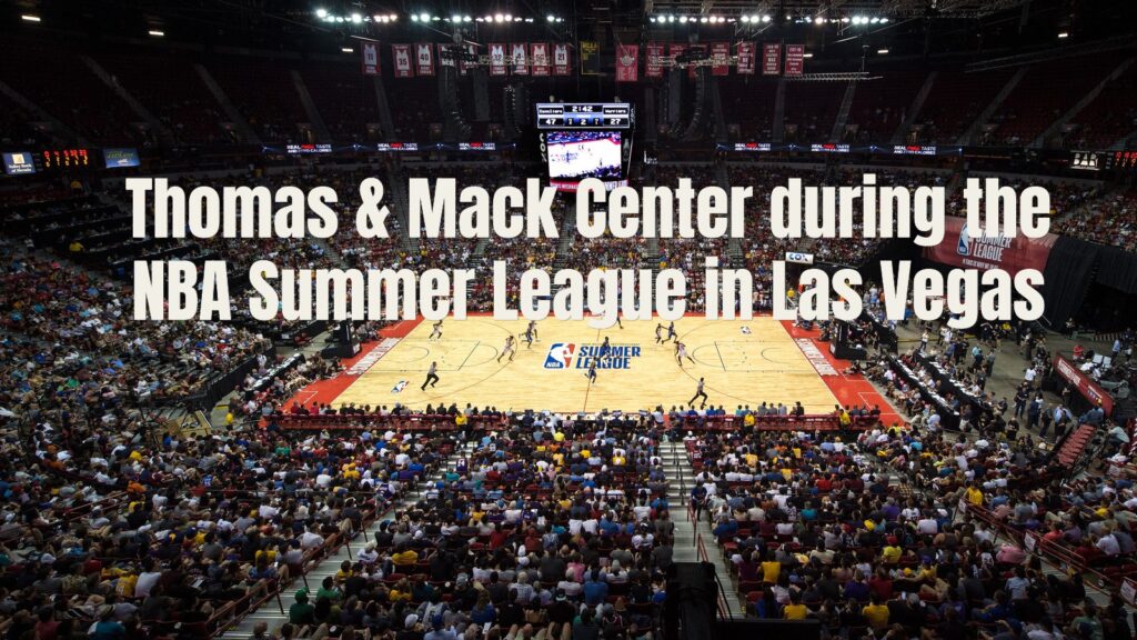 A large, excited crowd fills the Thomas & Mack Center during the NBA Summer League in Las Vegas, highlighting the event's atmosphere