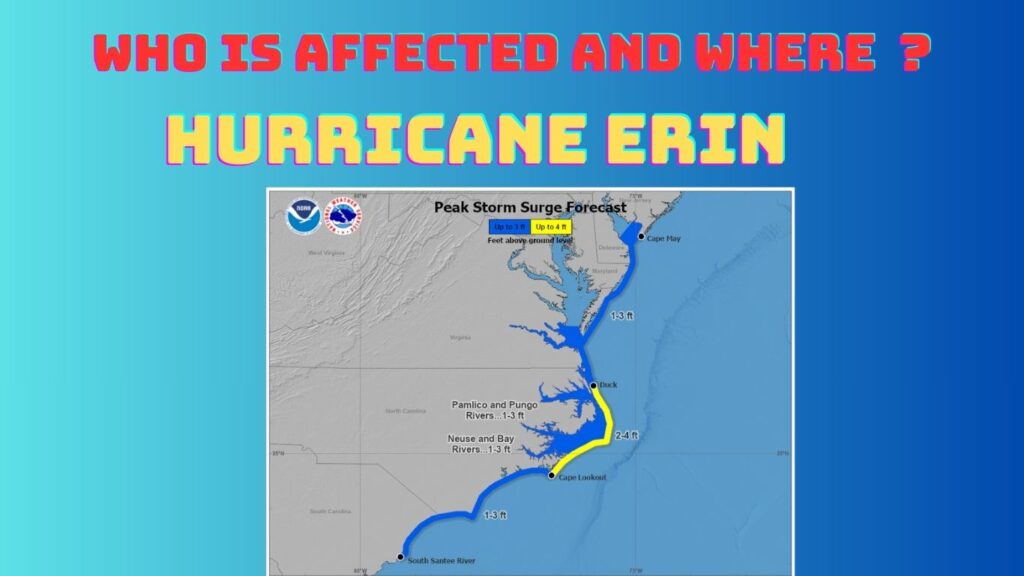 A map of the U.S. East Coast indicating areas under a tropical storm warning and storm surge warning due to Hurricane Erin.